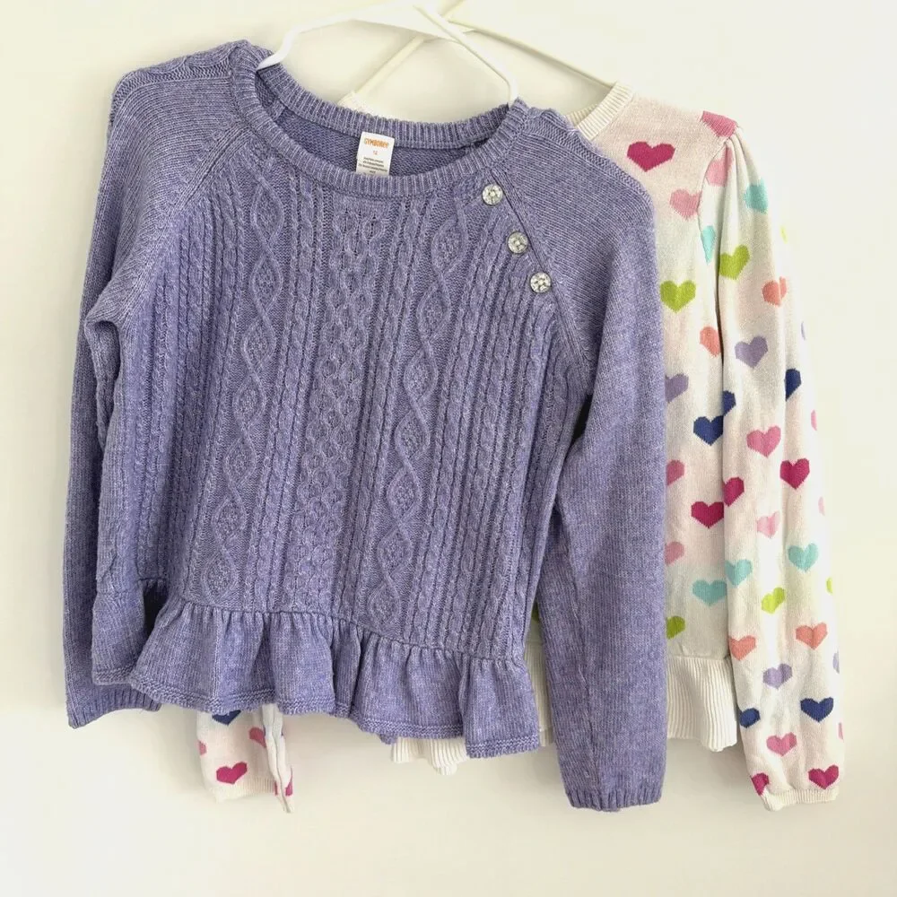 Gymboree Sweater Lot Purple Cable Knit Peplum Ruffle Girls Sz 12 Rainbow Heart